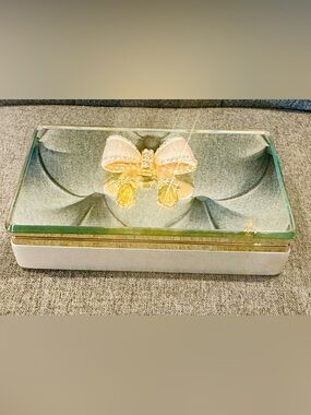 Mirrored Glass Jewelry Trinket Box Gold Tone Crystal Rhinestone Bow 7"x 2" Glam